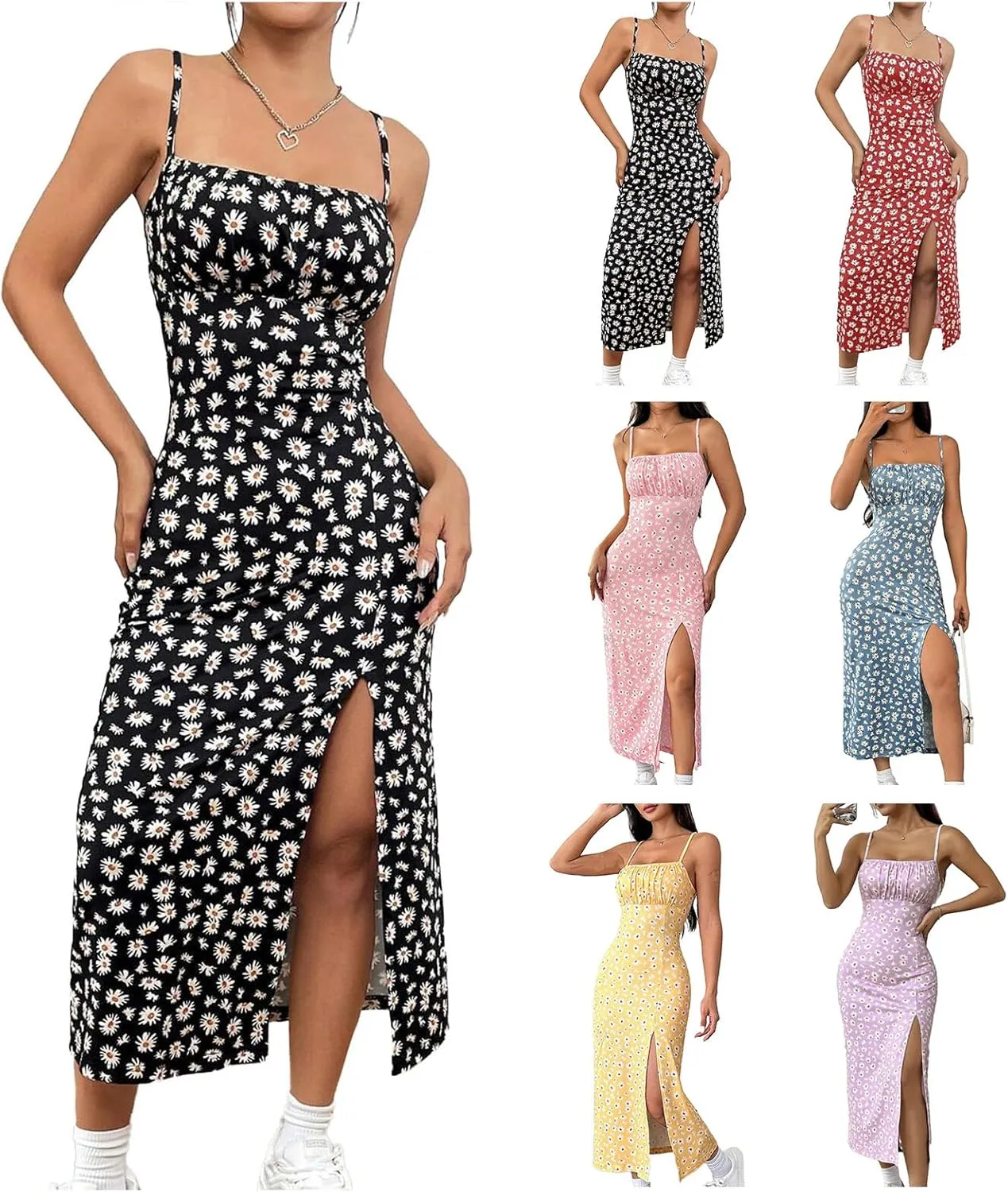 Summer Dresses for Women Boho Floral Spaghetti Strap Side Slit High Waist Long Dress Beach Vacation Sundress