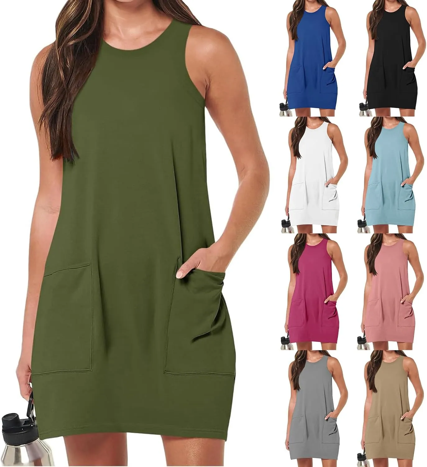 Summer Dresses for Women Casual Loose Sleeveless Sundress Boho Beach Mini Dress Vacation Travel Clothes with Pockets