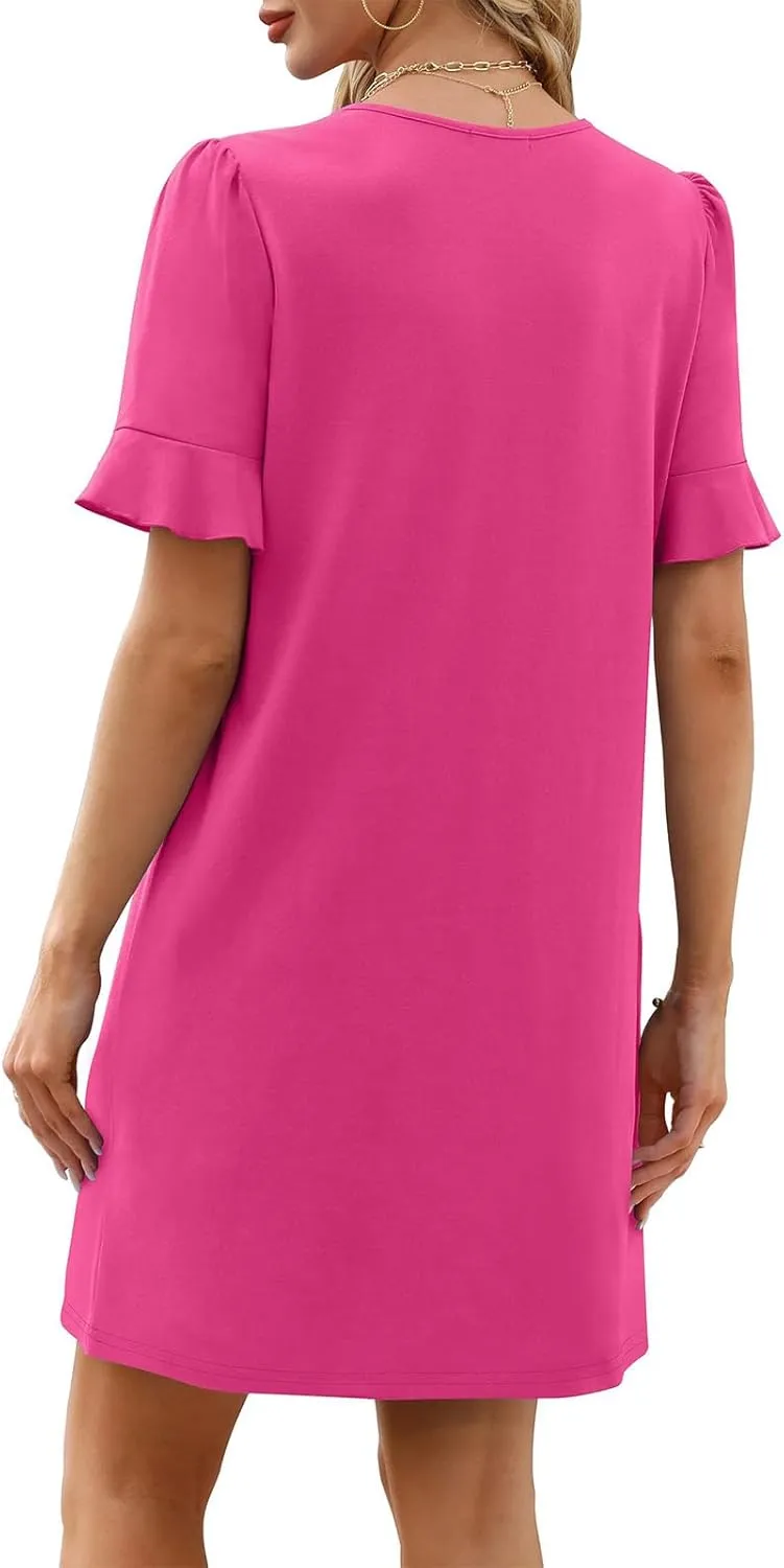 Summer Dresses for Women Casual Ruffle Short Sleeve V Neck Mini Dress Loose Comfy Ruffle Hem Sundress with Pockets