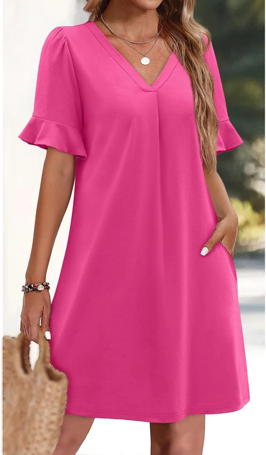 Summer Dresses for Women Casual Ruffle Short Sleeve V Neck Mini Dress Loose Comfy Ruffle Hem Sundress with Pockets