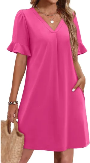 Summer Dresses for Women Casual Ruffle Short Sleeve V Neck Mini Dress Loose Comfy Ruffle Hem Sundress with Pockets