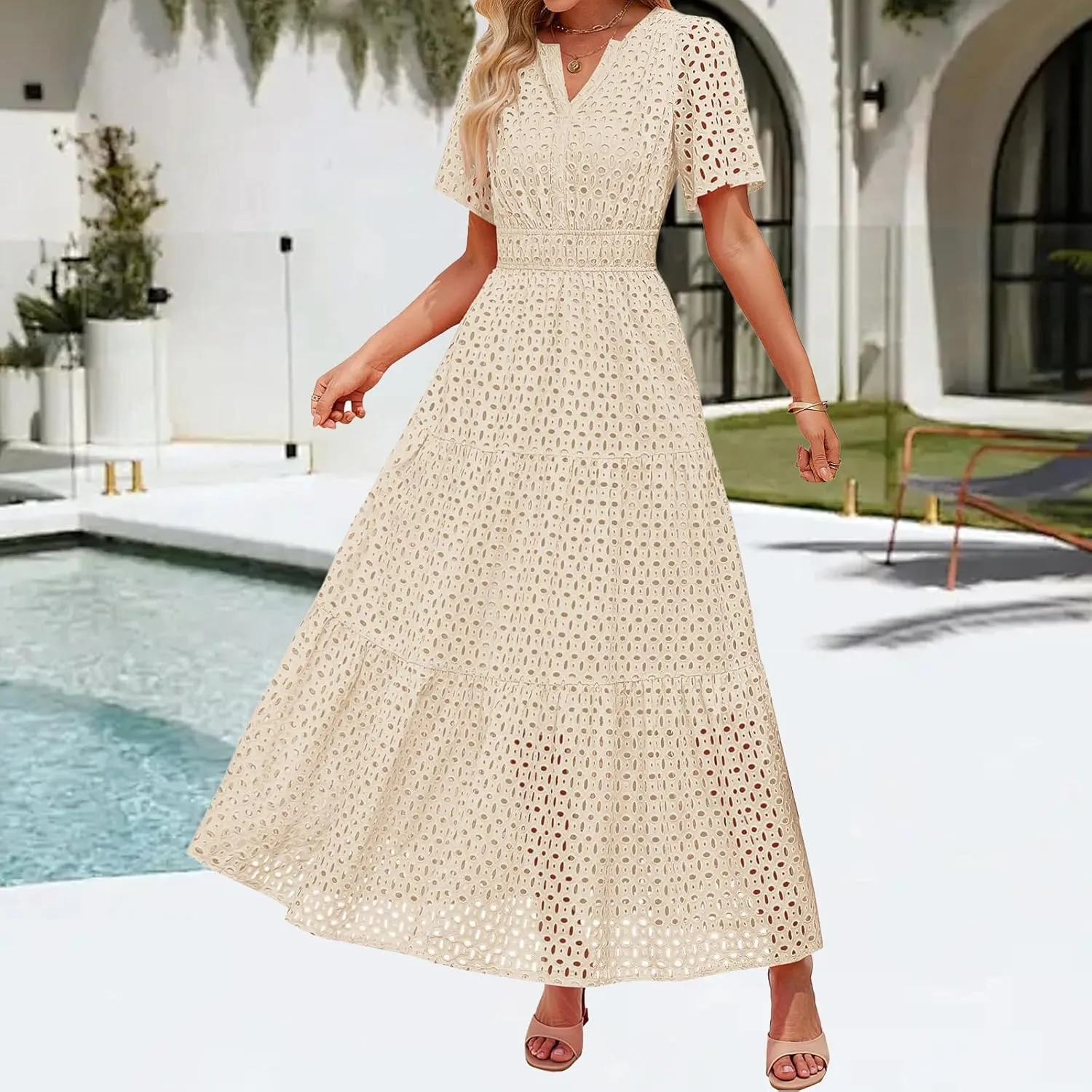 Summer Dresses for Women Hollow V Neck Short Sleeve Maxi Dresses High Waist Loose Fit Casual Ruffle Sundress 2025