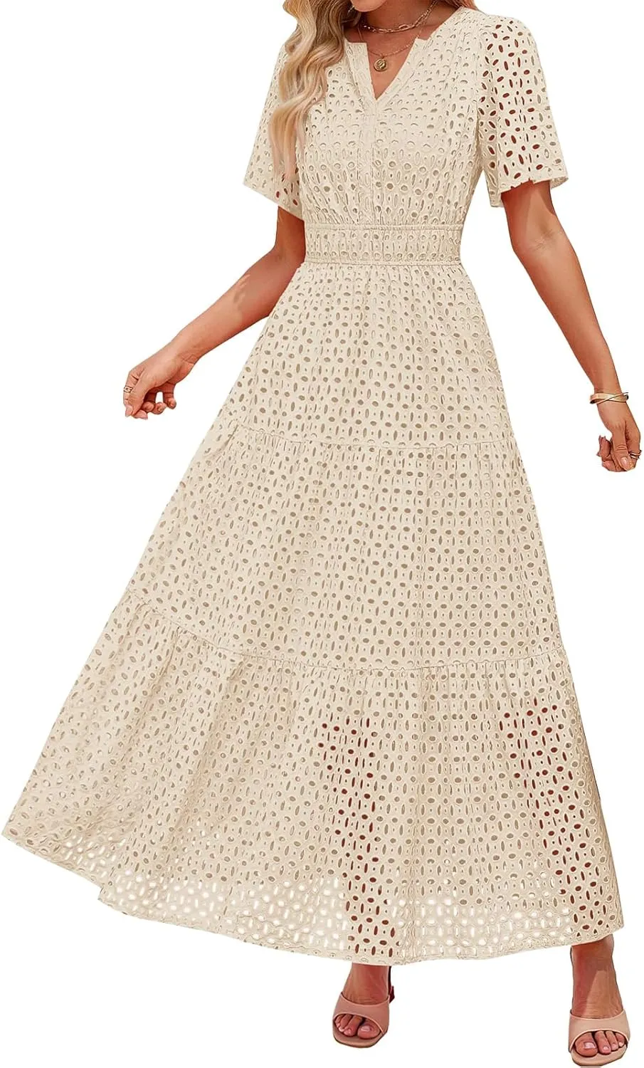 Summer Dresses for Women Hollow V Neck Short Sleeve Maxi Dresses High Waist Loose Fit Casual Ruffle Sundress 2025