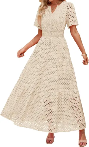 Summer Dresses for Women Hollow V Neck Short Sleeve Maxi Dresses High Waist Loose Fit Casual Ruffle Sundress 2025