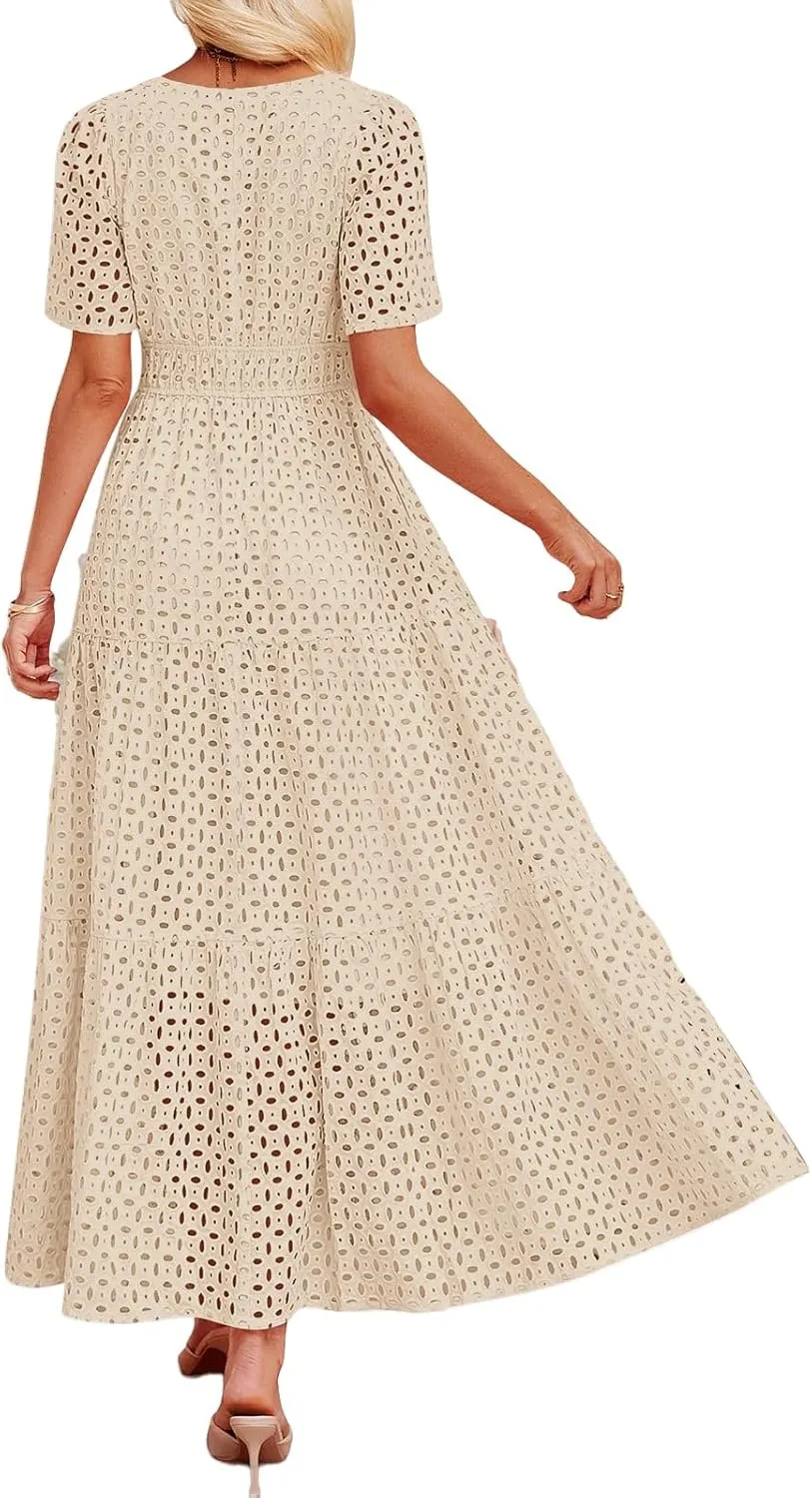 Summer Dresses for Women Hollow V Neck Short Sleeve Maxi Dresses High Waist Loose Fit Casual Ruffle Sundress 2025