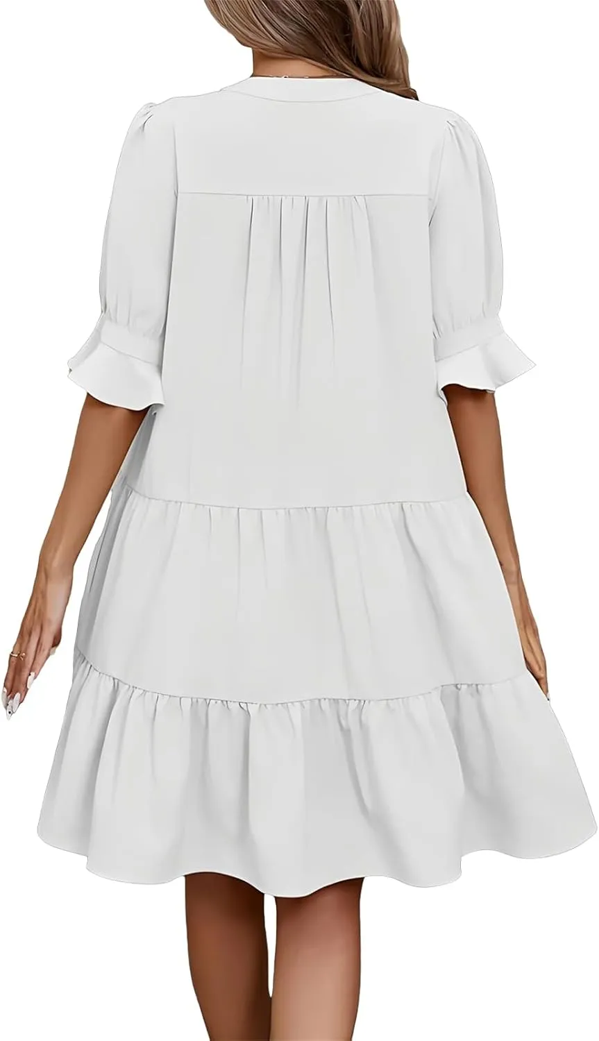 Summer Dresses for Women Ruffle Short Sleeve V Neck A Line Maxi Dress Tiered Flowy Loose Solid Vacation Beach Dress