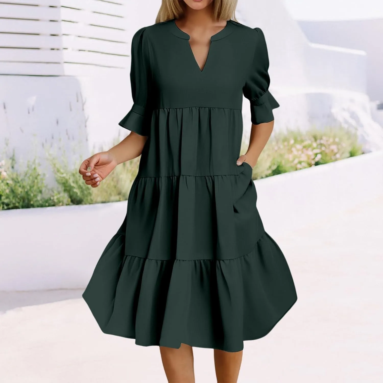 Summer Dresses for Women Ruffle Short Sleeve V Neck A Line Maxi Dress Tiered Flowy Loose Solid Vacation Beach Dress