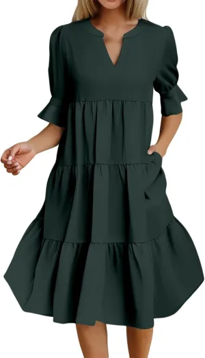 Summer Dresses for Women Ruffle Short Sleeve V Neck A Line Maxi Dress Tiered Flowy Loose Solid Vacation Beach Dress