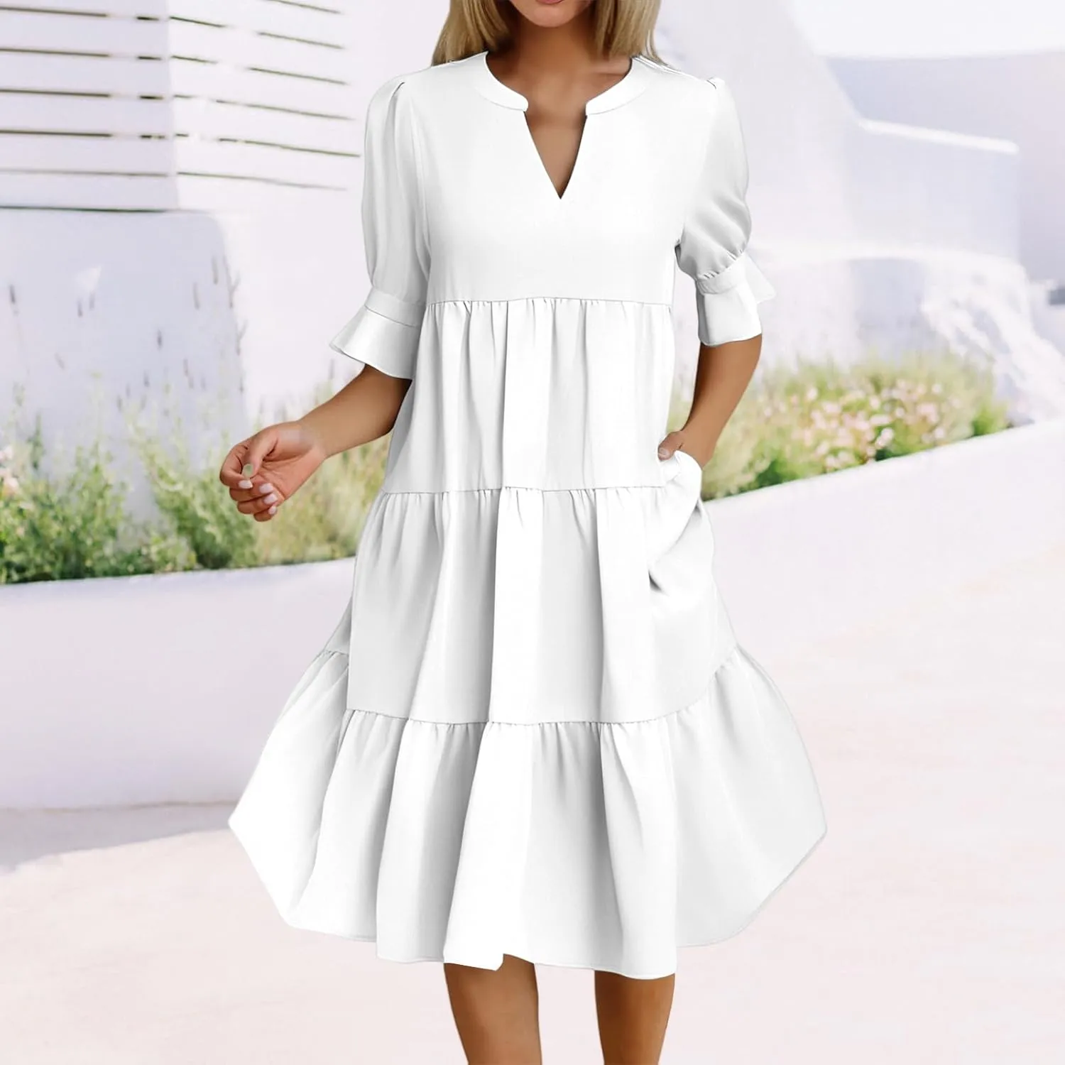 Summer Dresses for Women Ruffle Short Sleeve V Neck A Line Maxi Dress Tiered Flowy Loose Solid Vacation Beach Dress