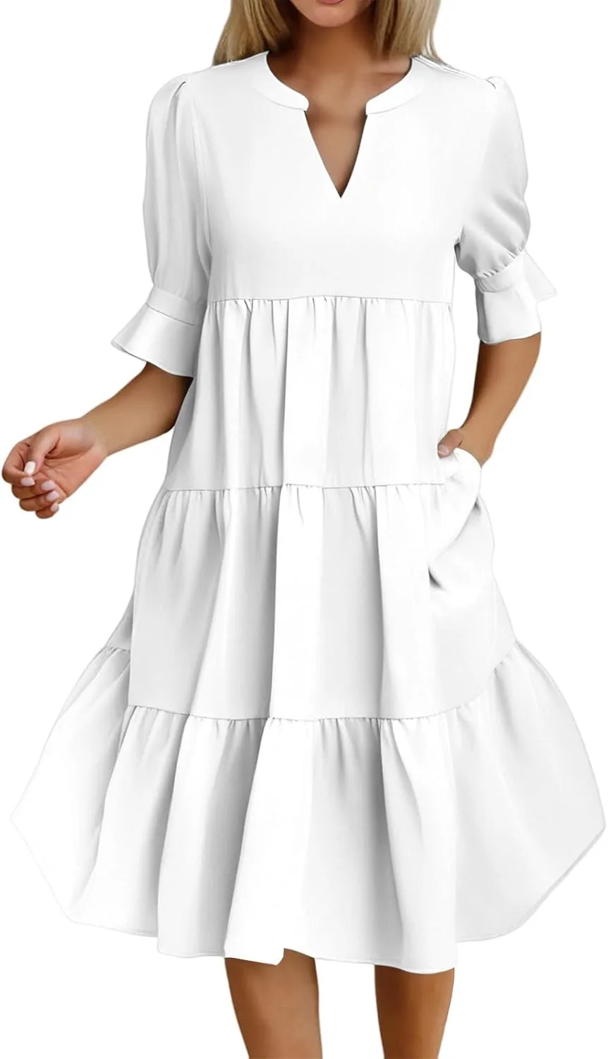 Summer Dresses for Women Ruffle Short Sleeve V Neck A Line Maxi Dress Tiered Flowy Loose Solid Vacation Beach Dress
