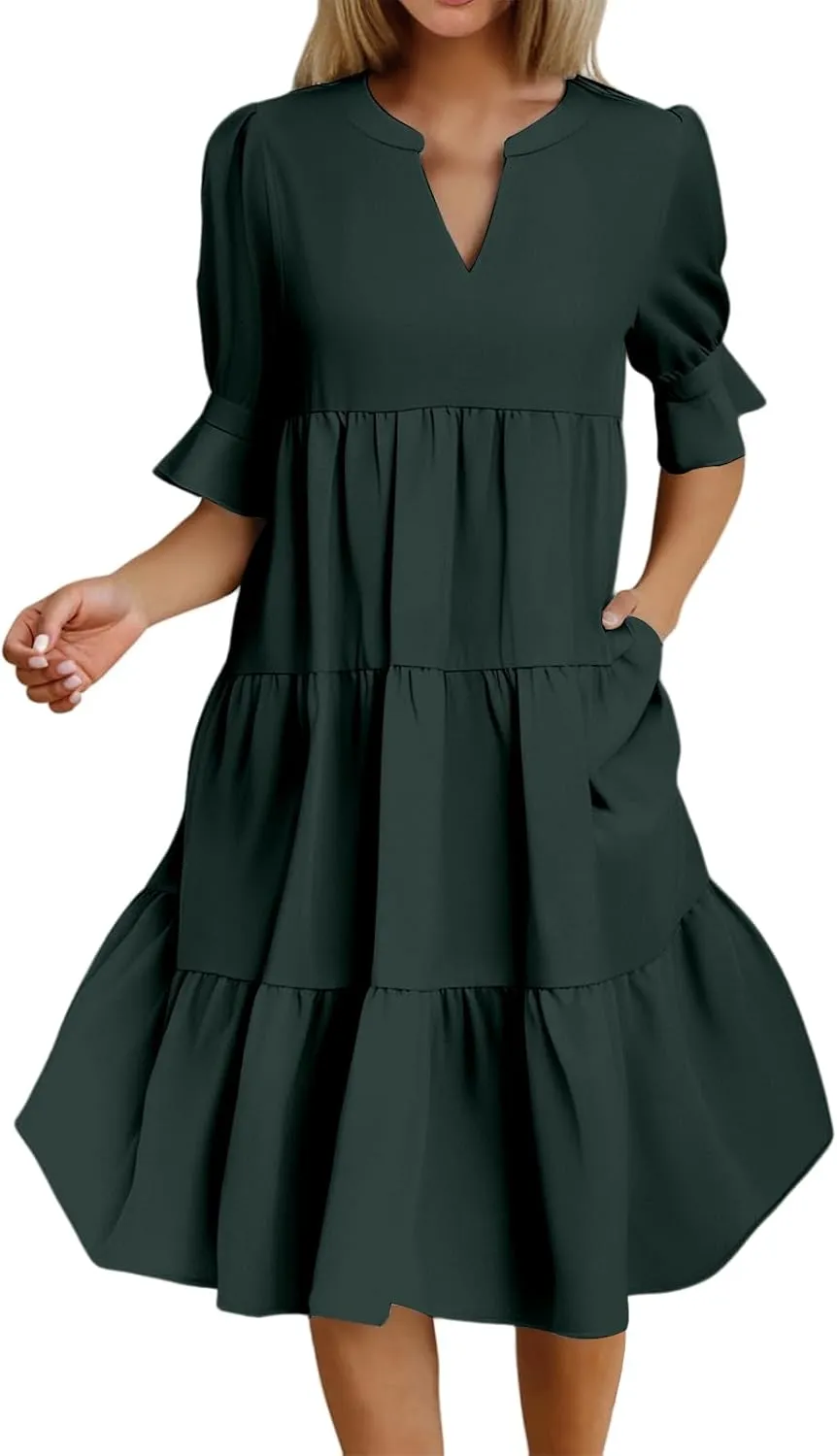 Summer Dresses for Women Ruffle Short Sleeve V Neck A Line Maxi Dress Tiered Flowy Loose Solid Vacation Beach Dress