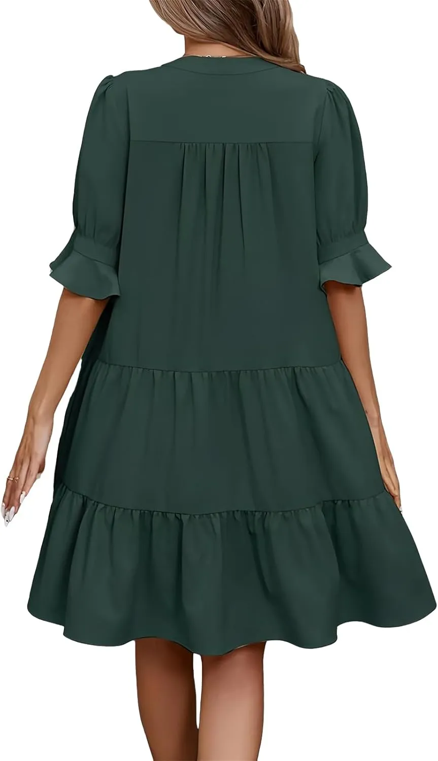Summer Dresses for Women Ruffle Short Sleeve V Neck A Line Maxi Dress Tiered Flowy Loose Solid Vacation Beach Dress