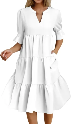 Summer Dresses for Women Ruffle Short Sleeve V Neck A Line Maxi Dress Tiered Flowy Loose Solid Vacation Beach Dress