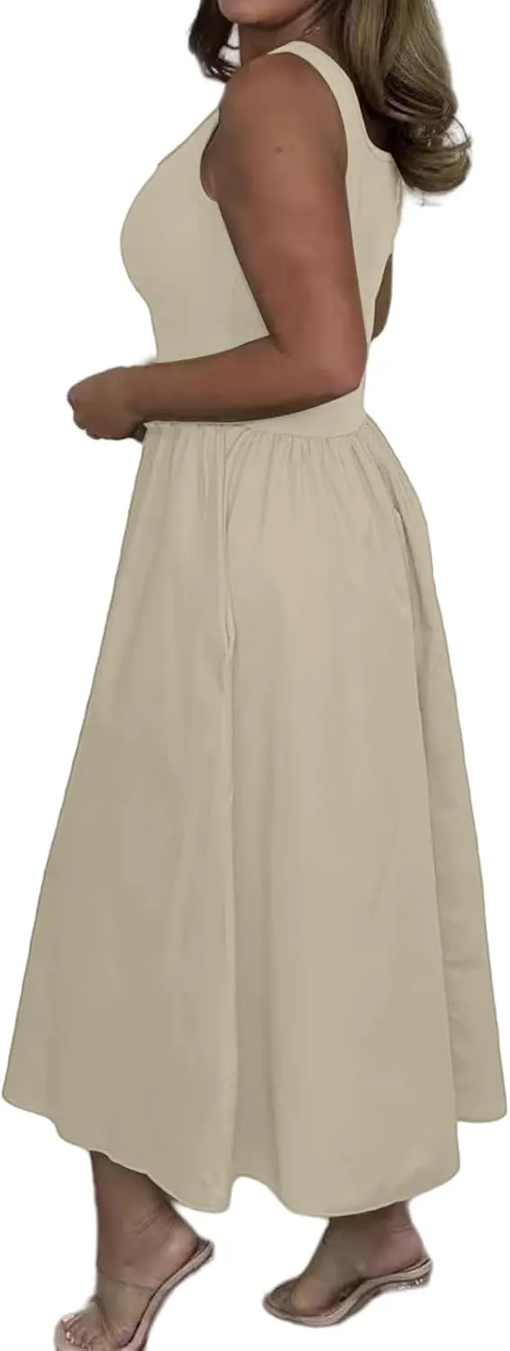 Summer Maxi Dress for Women Sleeveless Square Neck Long Tank Sundresses High Waist Swing Casual Dress 2025
