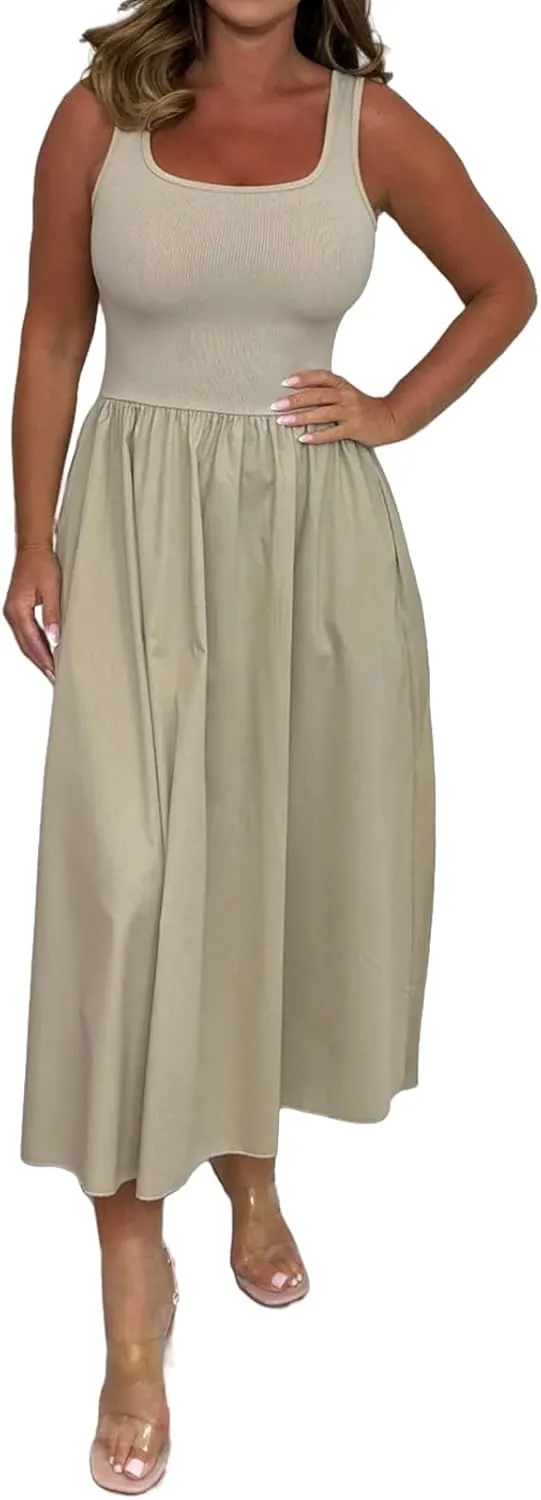 Summer Maxi Dress for Women Sleeveless Square Neck Long Tank Sundresses High Waist Swing Casual Dress 2025