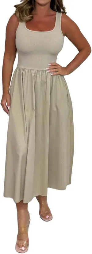 Summer Maxi Dress for Women Sleeveless Square Neck Long Tank Sundresses High Waist Swing Casual Dress 2025