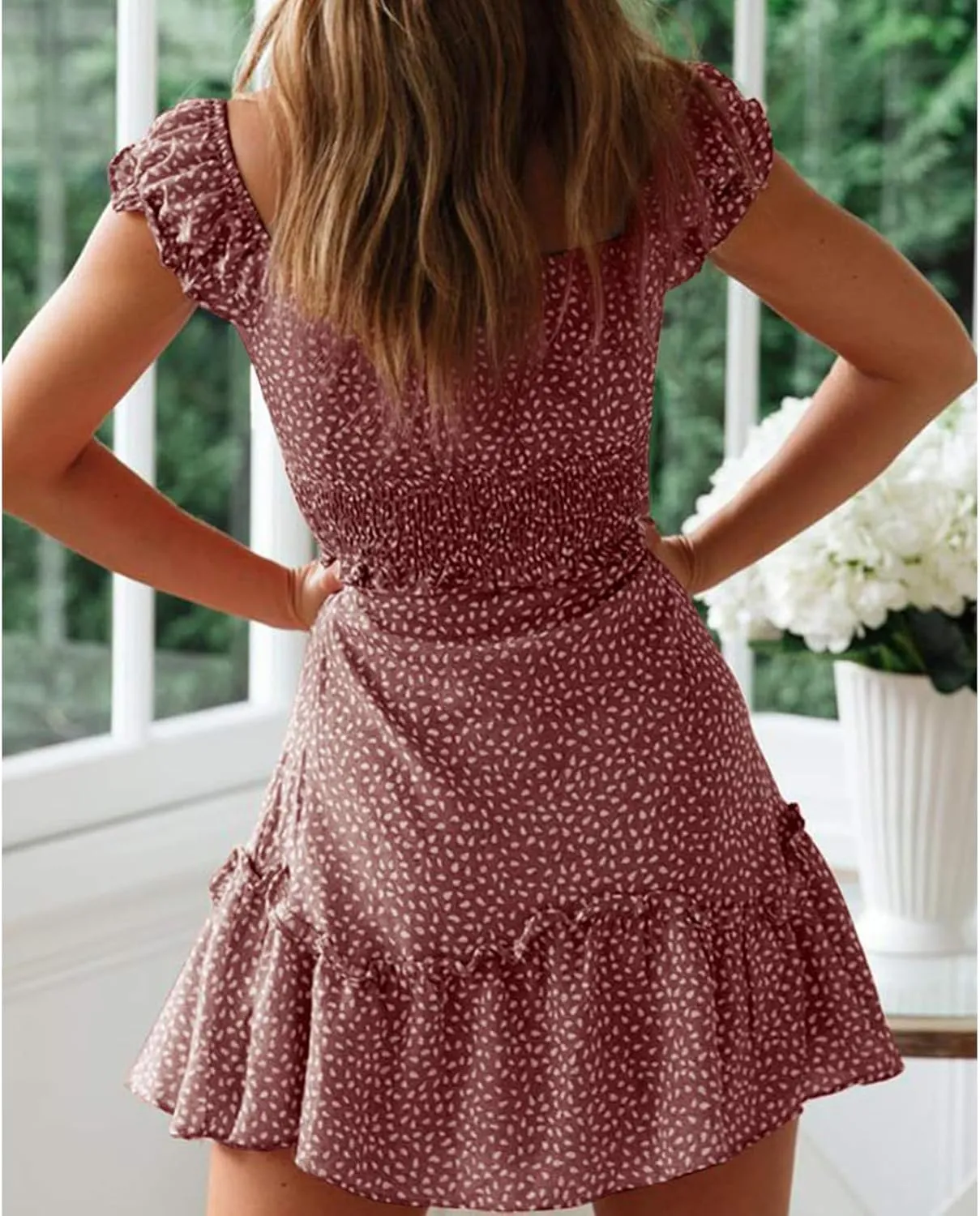 Summer Mini Dress for Women Sexy Lace Up U Neck Short Sleeve Mini Dresses Trendy Slim Floral Tunic Ruffle Hem Dress