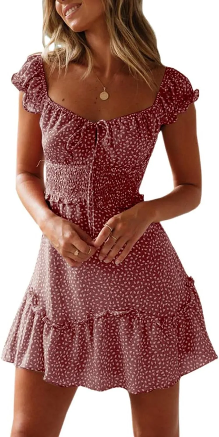 Summer Mini Dress for Women Sexy Lace Up U Neck Short Sleeve Mini Dresses Trendy Slim Floral Tunic Ruffle Hem Dress