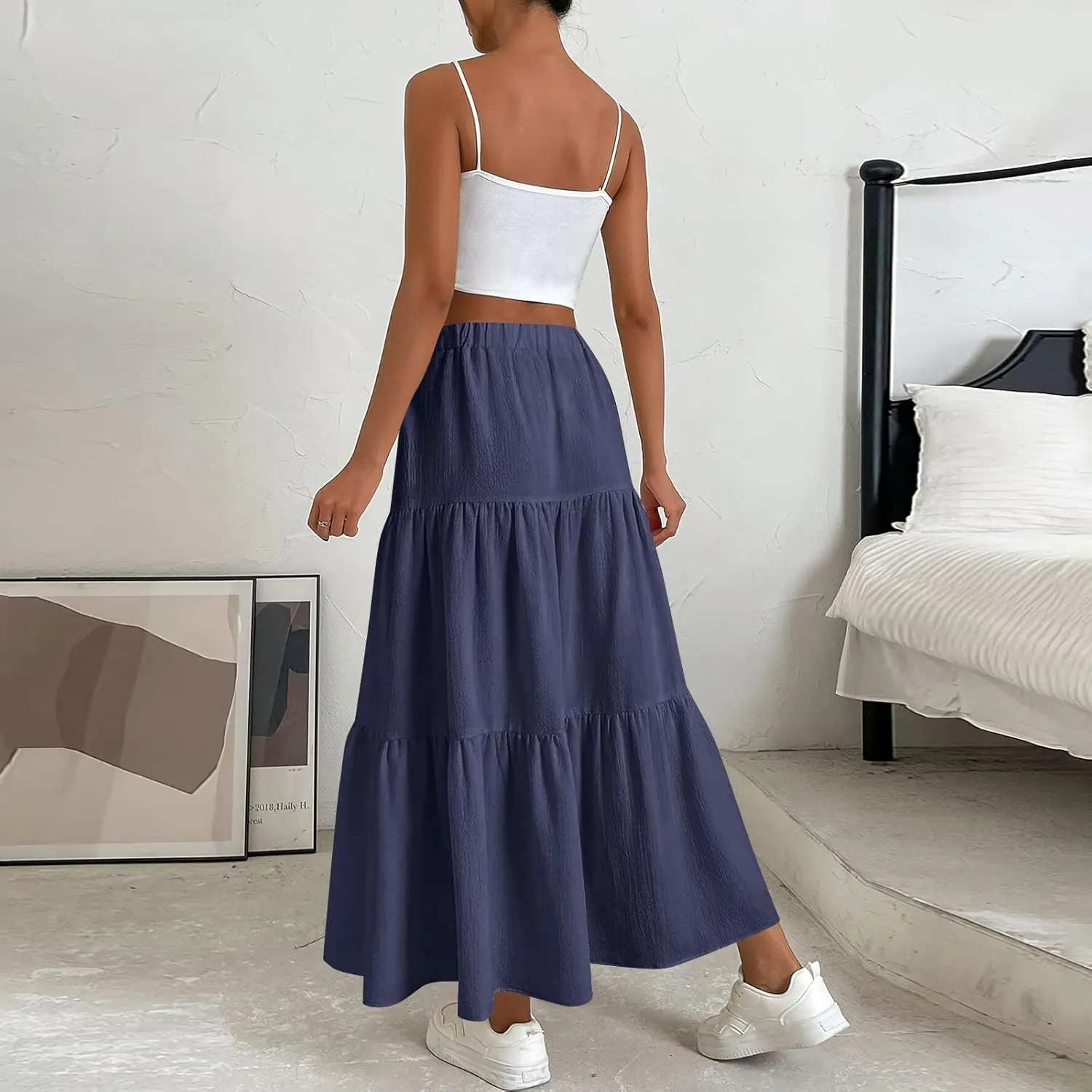 Summer Skirt for Women 2025 Maxi Skirt Drawstring Elastic High Waisted Smocked Tiered Aline Skirts Flowy Long Skirts