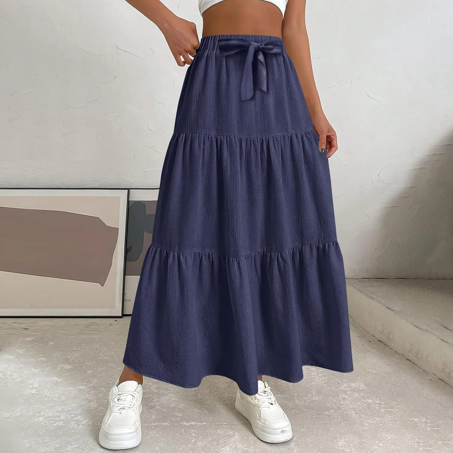 Summer Skirt for Women 2025 Maxi Skirt Drawstring Elastic High Waisted Smocked Tiered Aline Skirts Flowy Long Skirts