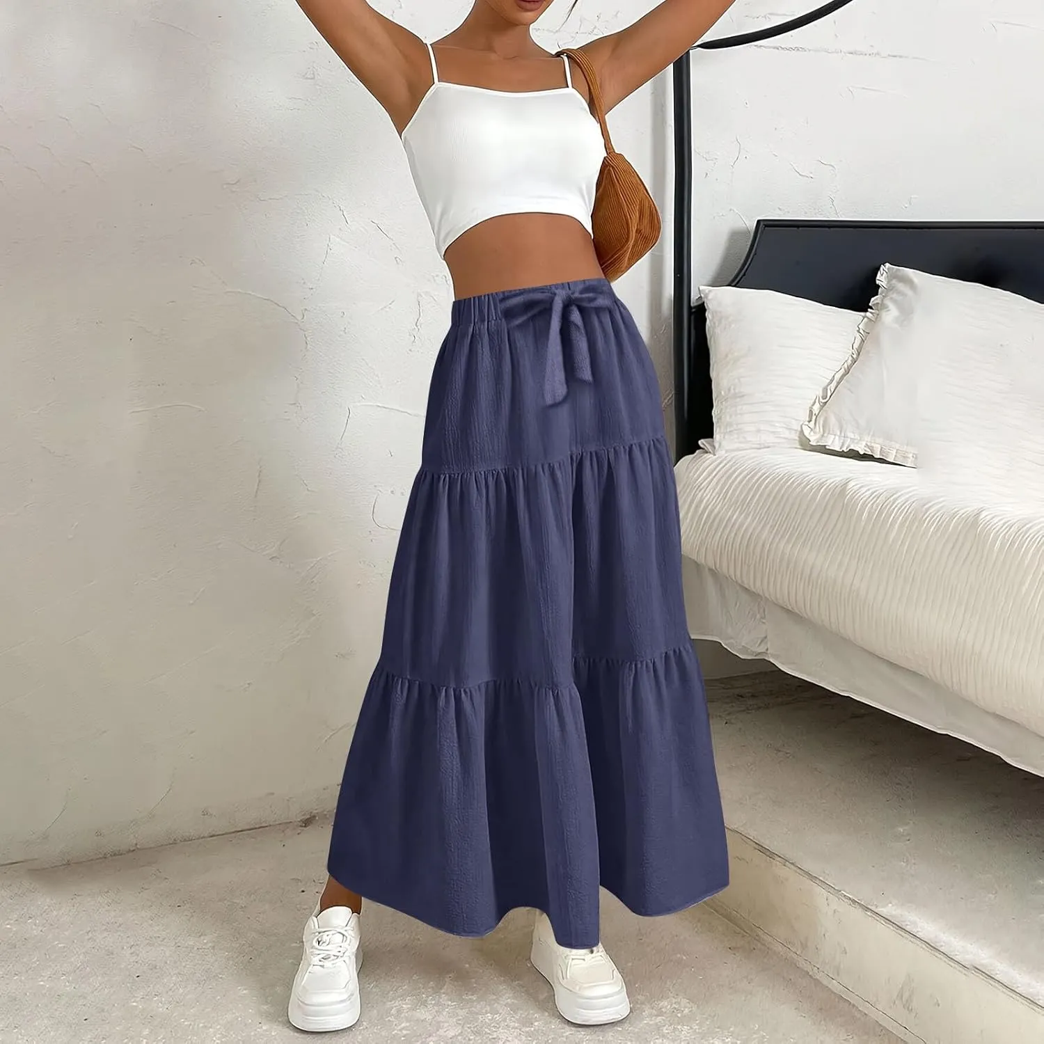 Summer Skirt for Women 2025 Maxi Skirt Drawstring Elastic High Waisted Smocked Tiered Aline Skirts Flowy Long Skirts