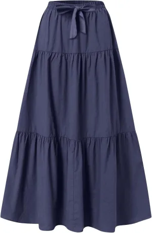 Summer Skirt for Women 2025 Maxi Skirt Drawstring Elastic High Waisted Smocked Tiered Aline Skirts Flowy Long Skirts