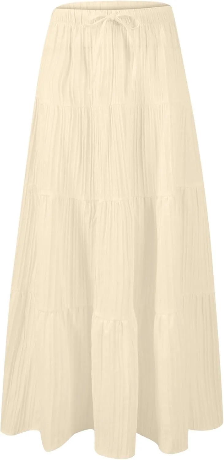Summer Skirt for Women Solid Color Fashion Drawstring High Waist Ruffle Tiered Skirts Casual Loose Flowy Boho Skirt