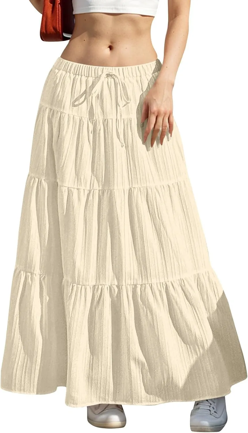 Summer Skirt for Women Solid Color Fashion Drawstring High Waist Ruffle Tiered Skirts Casual Loose Flowy Boho Skirt