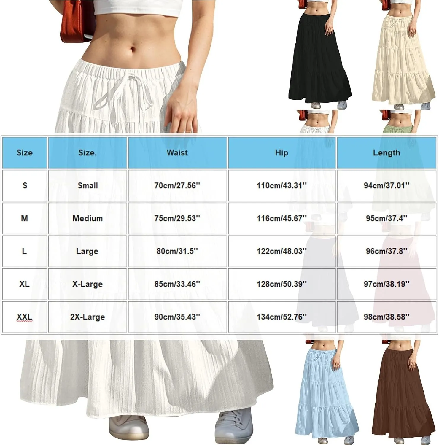Summer Skirt for Women Solid Color Fashion Drawstring High Waist Ruffle Tiered Skirts Casual Loose Flowy Boho Skirt