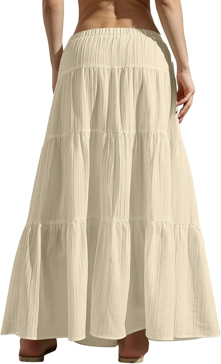 Summer Skirt for Women Solid Color Fashion Drawstring High Waist Ruffle Tiered Skirts Casual Loose Flowy Boho Skirt