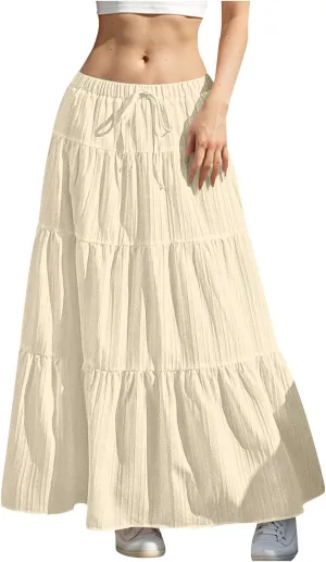 Summer Skirt for Women Solid Color Fashion Drawstring High Waist Ruffle Tiered Skirts Casual Loose Flowy Boho Skirt