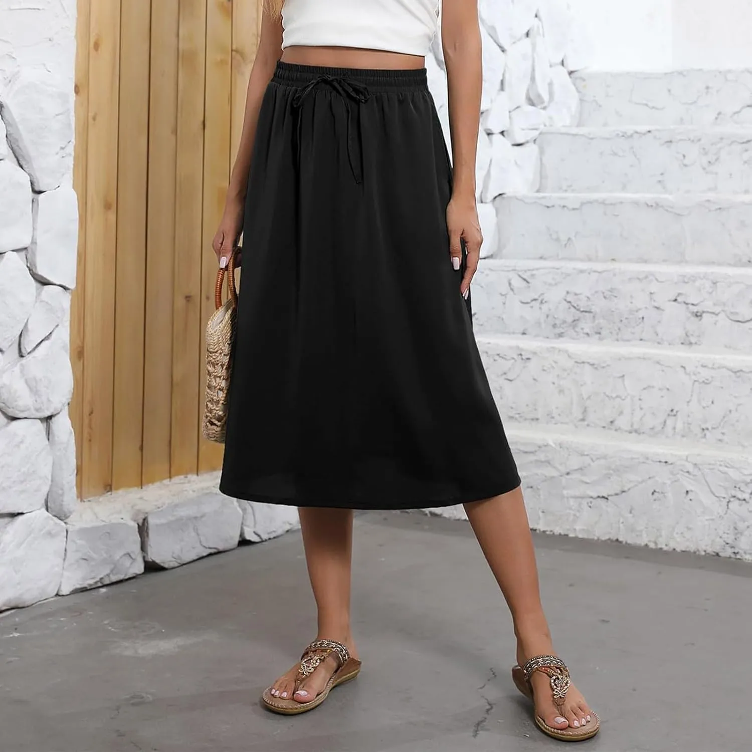 Summer Skirts for Women 2025 Elastic High Waisted Floral Midi Skirt Baggy Boho Beach Flowy Swing Skirts with Pockets