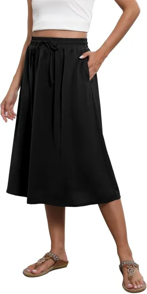 Summer Skirts for Women 2025 Elastic High Waisted Floral Midi Skirt Baggy Boho Beach Flowy Swing Skirts with Pockets