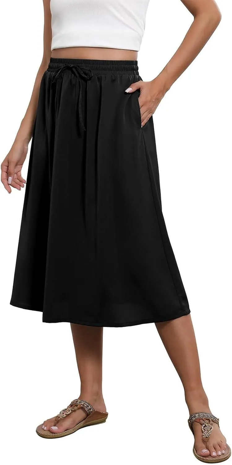 Summer Skirts for Women 2025 Elastic High Waisted Floral Midi Skirt Baggy Boho Beach Flowy Swing Skirts with Pockets