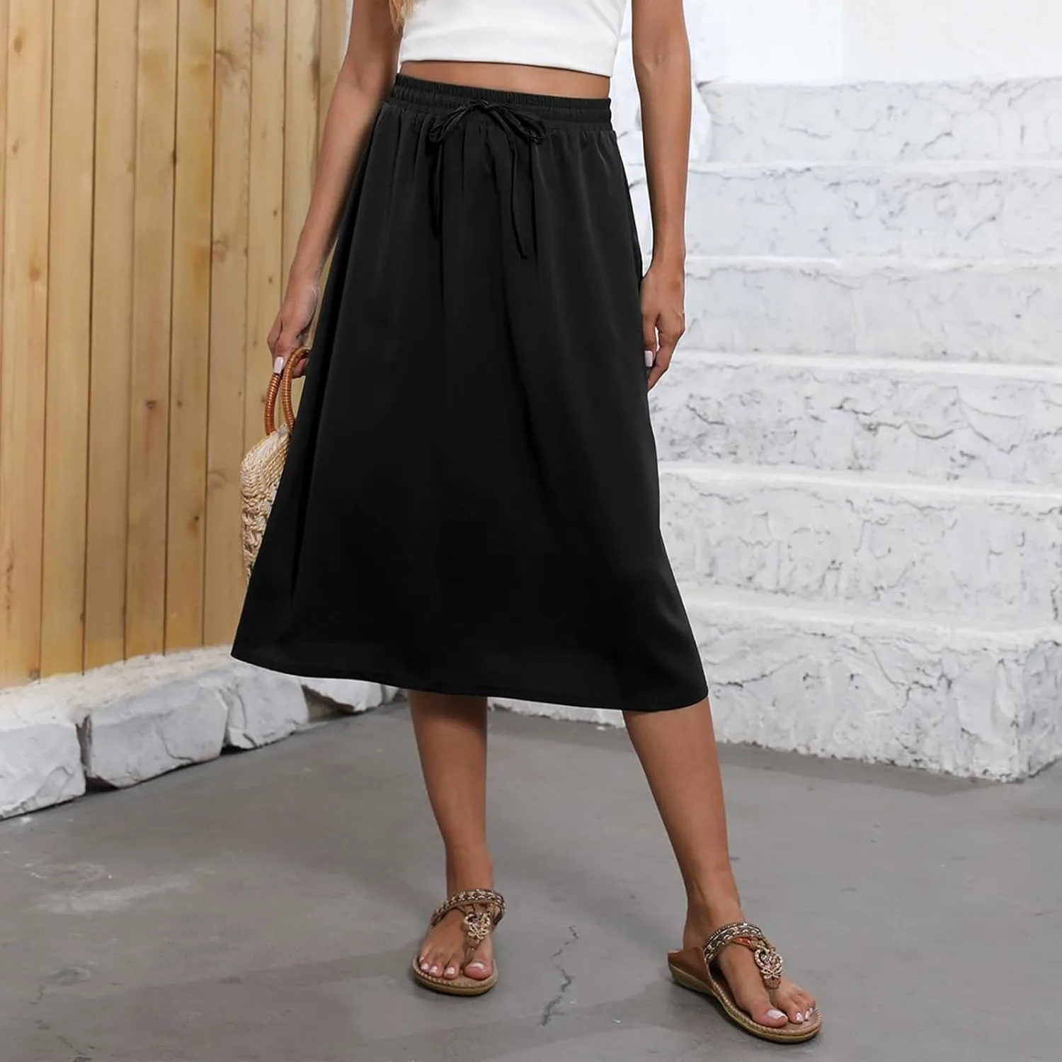 Summer Skirts for Women 2025 Elastic High Waisted Floral Midi Skirt Baggy Boho Beach Flowy Swing Skirts with Pockets