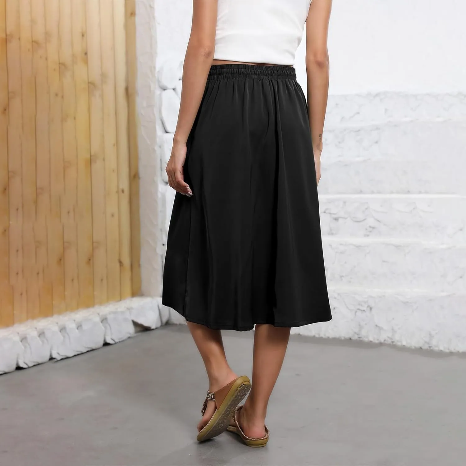 Summer Skirts for Women 2025 Elastic High Waisted Floral Midi Skirt Baggy Boho Beach Flowy Swing Skirts with Pockets