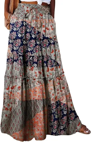 Summer Skirts for Women Flowy Maxi Skirt Drawstring High Waisted Pleated Tiered Aline Skirt Long Skirts with Pockets