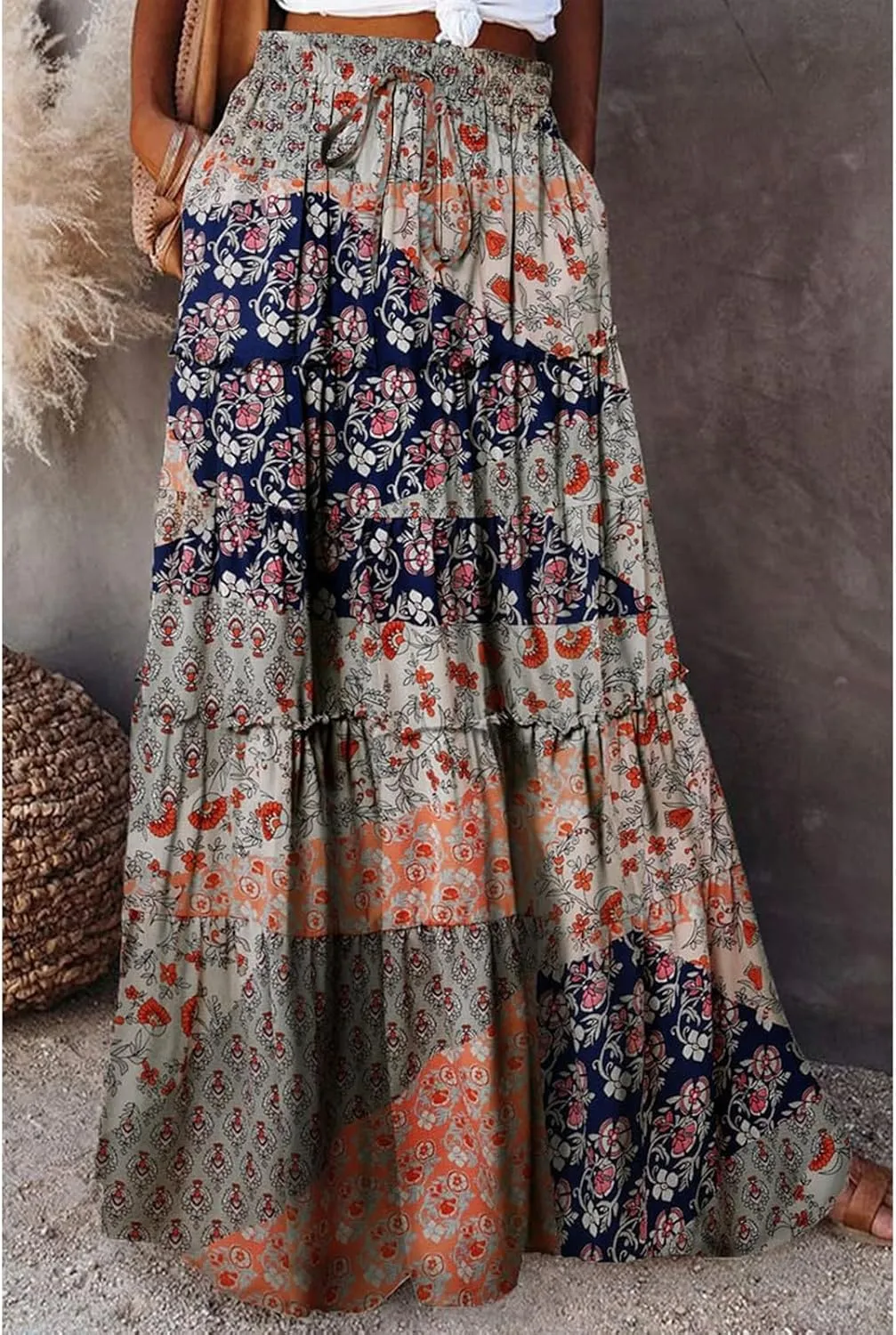 Summer Skirts for Women Flowy Maxi Skirt Drawstring High Waisted Pleated Tiered Aline Skirt Long Skirts with Pockets