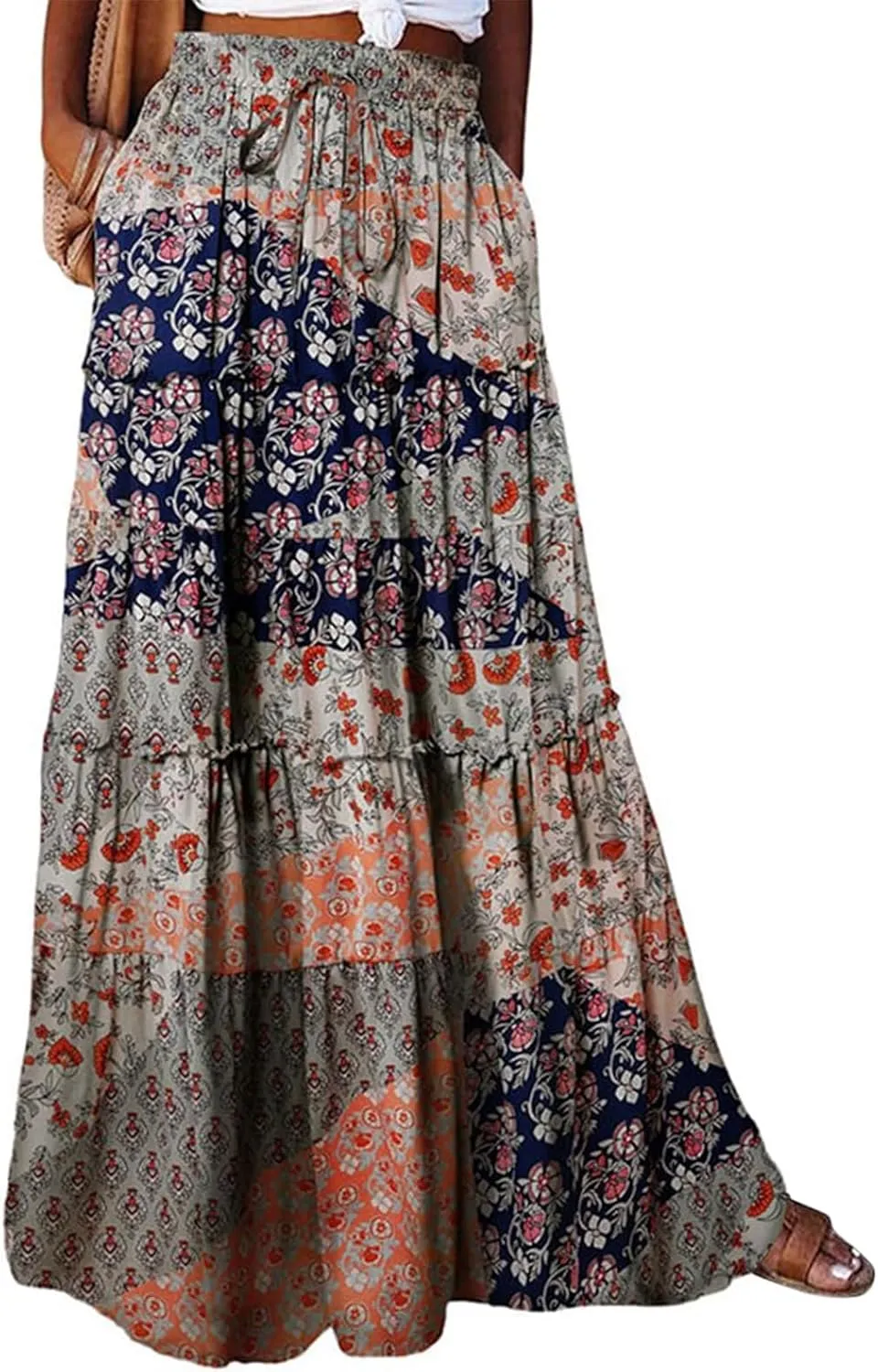 Summer Skirts for Women Flowy Maxi Skirt Drawstring High Waisted Pleated Tiered Aline Skirt Long Skirts with Pockets