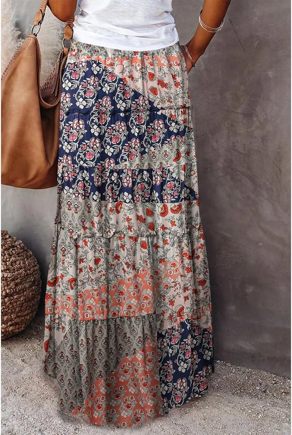 Summer Skirts for Women Flowy Maxi Skirt Drawstring High Waisted Pleated Tiered Aline Skirt Long Skirts with Pockets