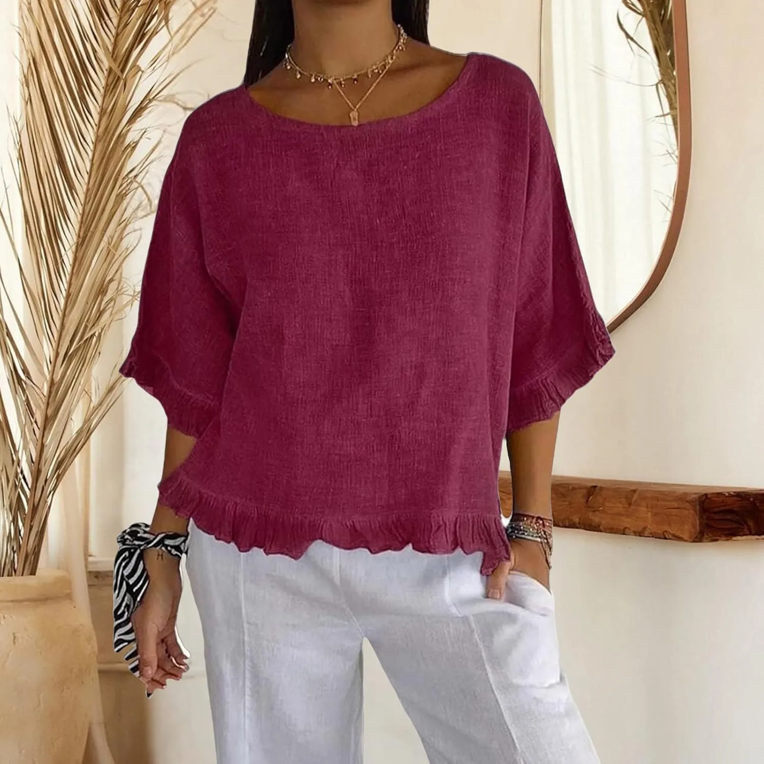 Summer Tops for Women Lightweight Cotton Linen T-Shirt Crew Neck Ruffle Sleeve Loose Blouses Pleated Hem Casual Tee