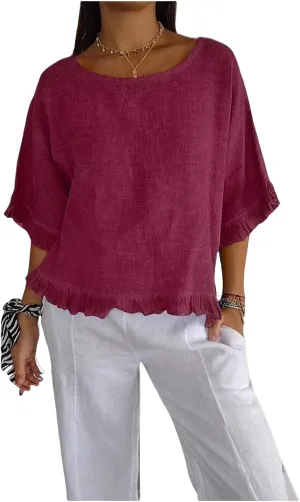 Summer Tops for Women Lightweight Cotton Linen T-Shirt Crew Neck Ruffle Sleeve Loose Blouses Pleated Hem Casual Tee