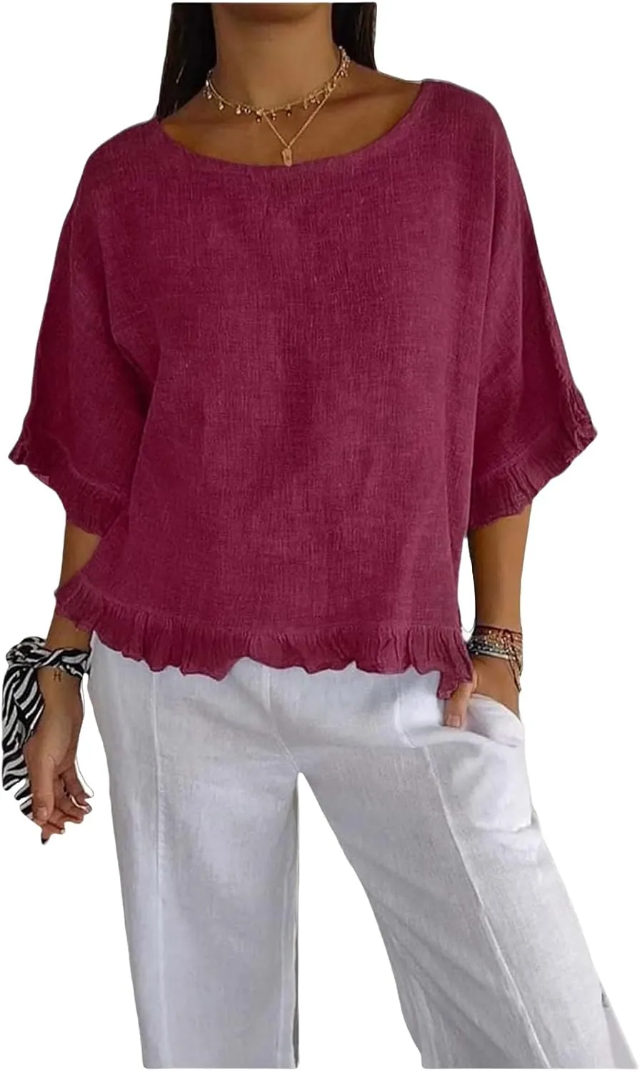 Summer Tops for Women Lightweight Cotton Linen T-Shirt Crew Neck Ruffle Sleeve Loose Blouses Pleated Hem Casual Tee