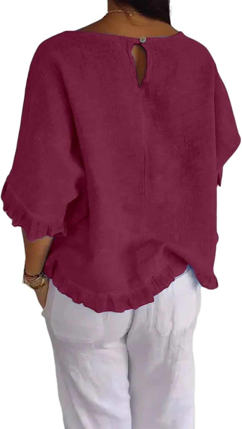 Summer Tops for Women Lightweight Cotton Linen T-Shirt Crew Neck Ruffle Sleeve Loose Blouses Pleated Hem Casual Tee