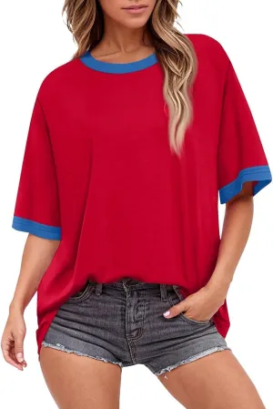 Summer Tops for Women Short Sleeve Crewneck Oversized T Shirts Trendy Solid/Flower Printed Beach Vacation Clothes