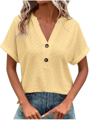 Summer Tops for Women Trendy 2025 Short Sleeve V Neck Eyelet Shirts Dressy Casual Loose Ladies Blouses Going Out