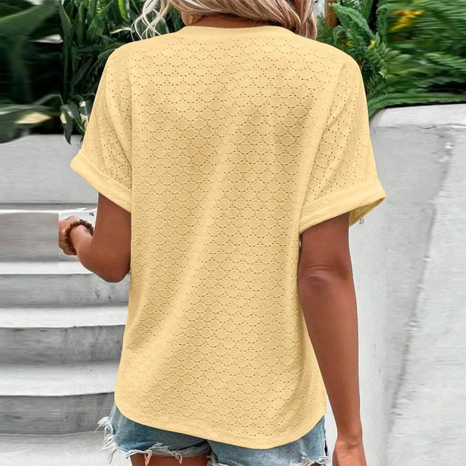Summer Tops for Women Trendy 2025 Short Sleeve V Neck Eyelet Shirts Dressy Casual Loose Ladies Blouses Going Out