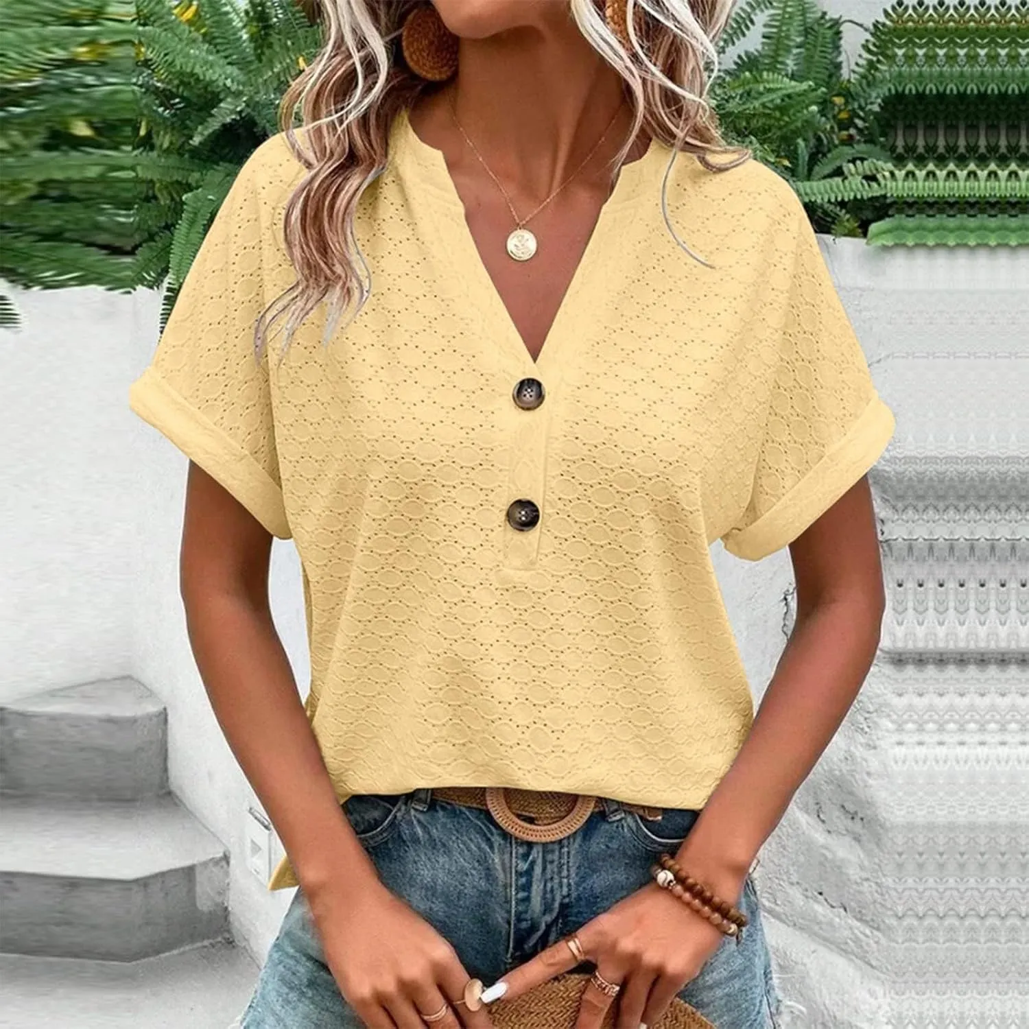 Summer Tops for Women Trendy 2025 Short Sleeve V Neck Eyelet Shirts Dressy Casual Loose Ladies Blouses Going Out