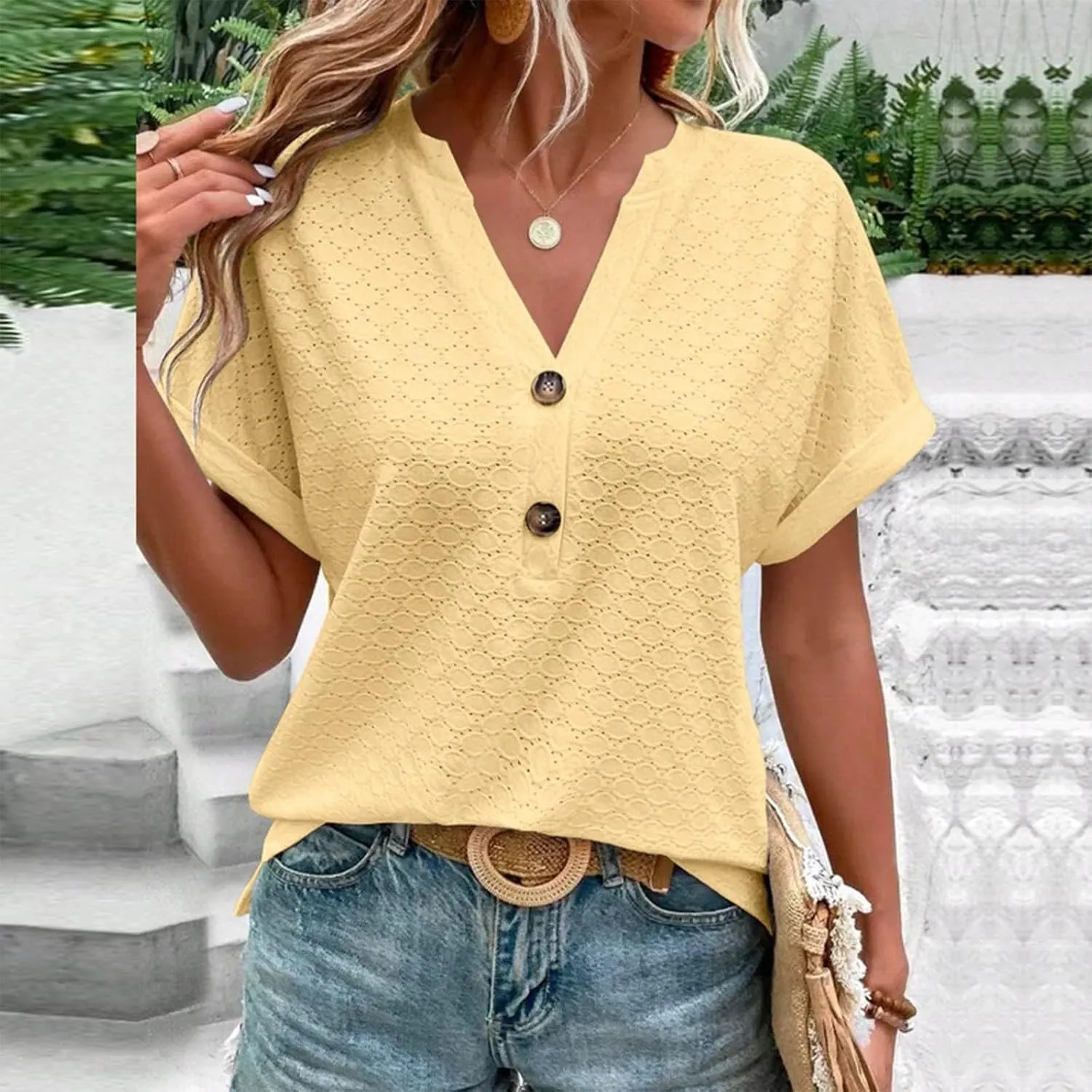 Summer Tops for Women Trendy 2025 Short Sleeve V Neck Eyelet Shirts Dressy Casual Loose Ladies Blouses Going Out