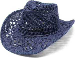 Summer Western Cowboy Hat Women Men Foldable Packable UPF 50 Crochet Travel Hat Wide Brim Handmade Hollowed Out Straw Hats